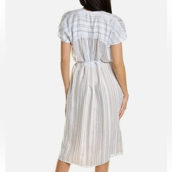 NWT Vince Womens Dress White Blue Drapey Stripe Shirred Short Sleeve Midi $375 - Picture 2 of 11
